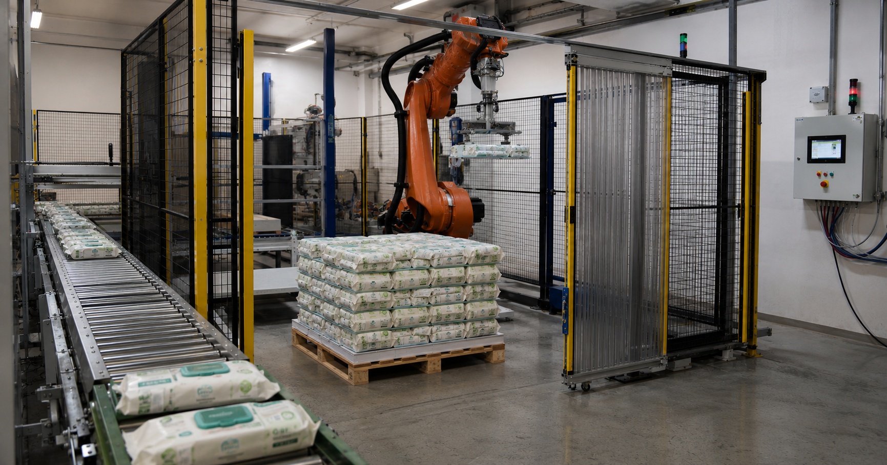 Twin KUKA robotic palletising lines for baby wipes manufacturer