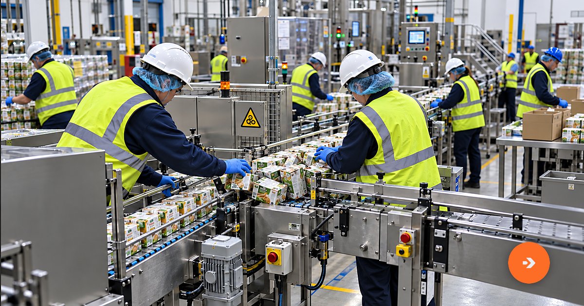 Operators clearing product from a conveyor on an automated packaging line